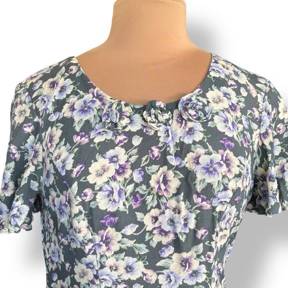 Vintage 90s CDC Petites Floral Rayon Dress Purple White Rosettes Cottagecore 8 - Picture 4 of 10